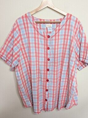 Roaman's Plaid Button Front Top‎ 2X Red Blue White Scalloped Hem Short Sleeve